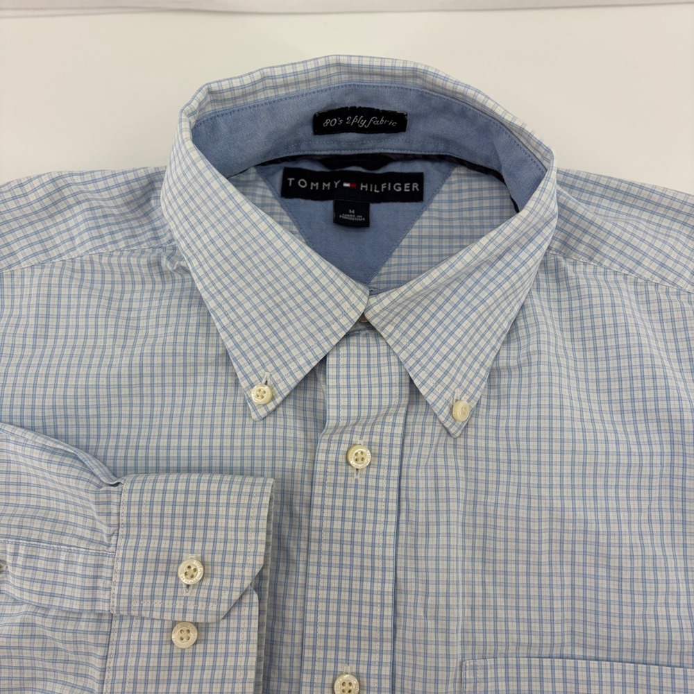 Tommy Hilfiger Mens Blue White Check Button Down Shirt 80s 2-Ply Cotton Size M